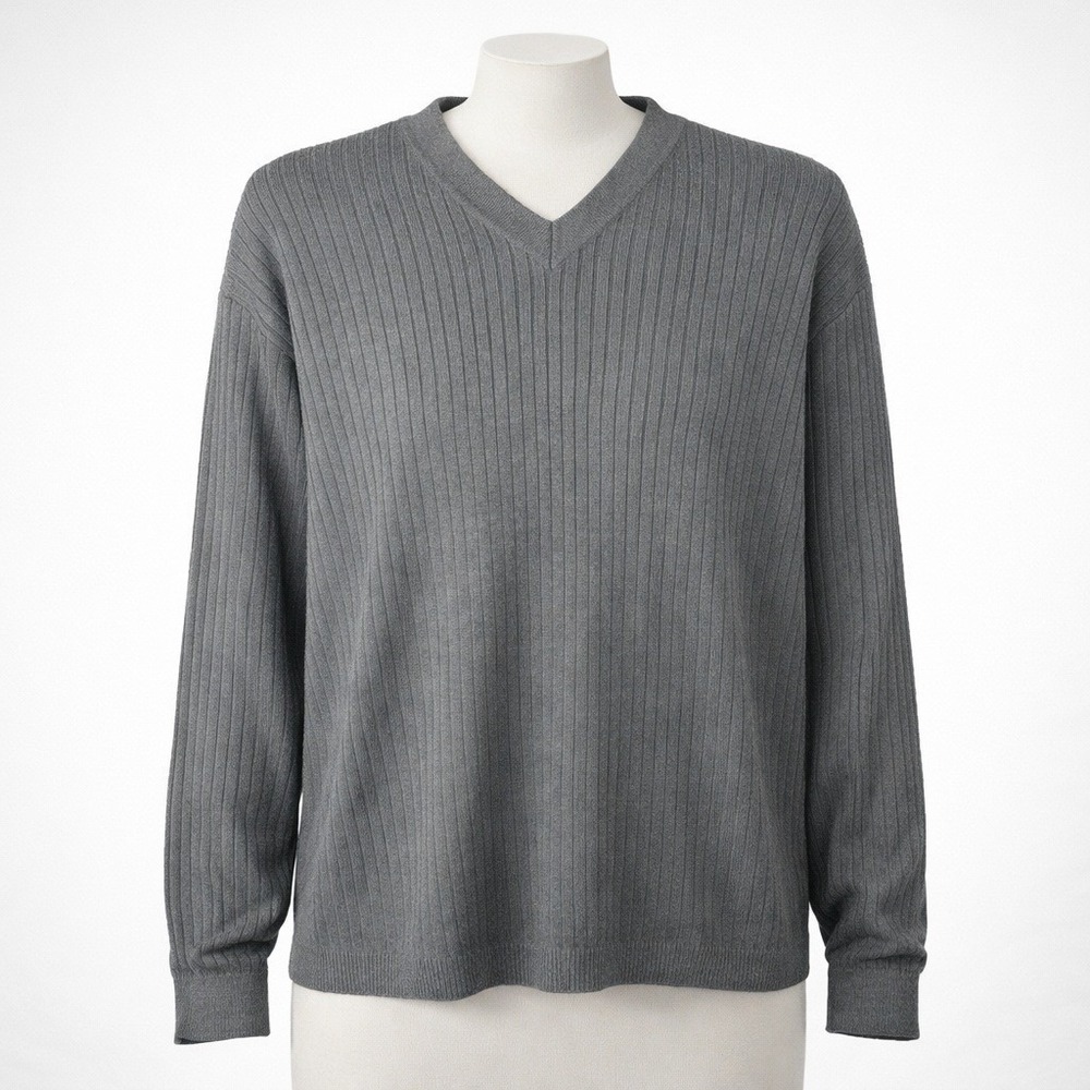 Vintage Y2K Mens Silk Ribbed V Neck Sweater Size L Gray Preppy Casual‎ Pullover